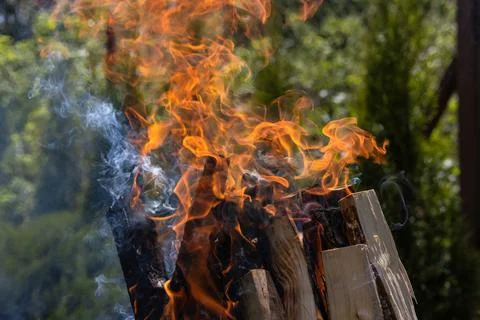 A stack of dry firewood burning with a bright red flame lit by the bright sun Stock Photos