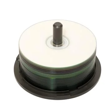 Stack of dvd discs on spindle isolated on white background. Digital data st.. Stock Photos