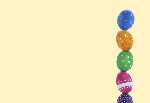 Stack of Easter eggs on beige background, space for text Foto stock