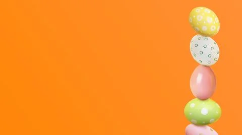 Stack of Easter eggs on orange background, space for text Stock Photos