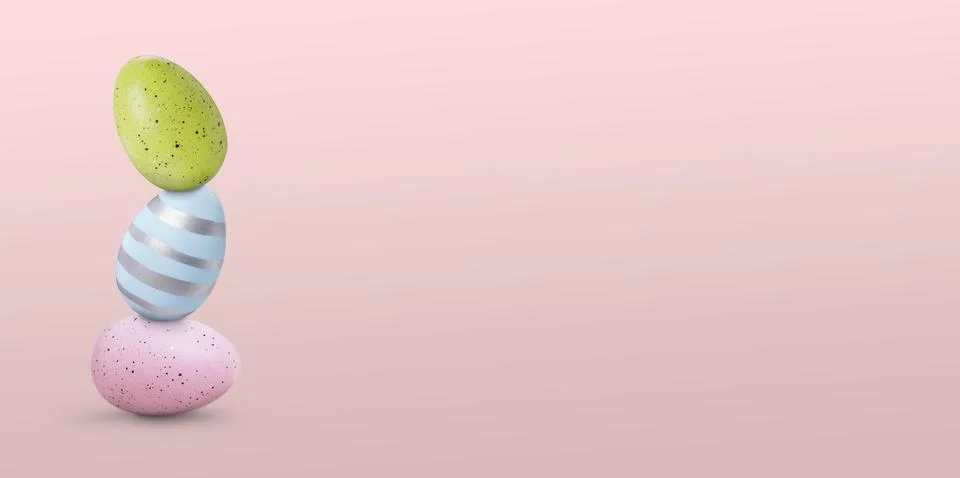Stack of Easter eggs on pink beige background, space for text Stock Photos