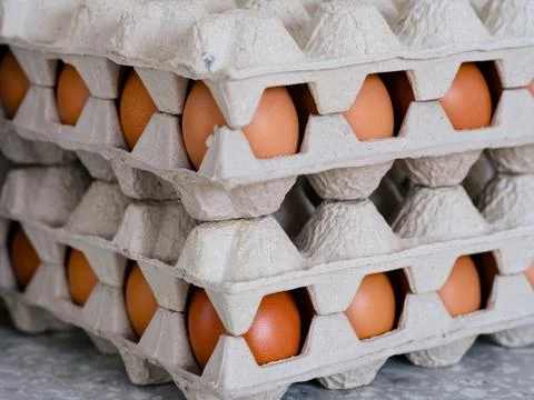 Stack of egg cartons with chicken eggs in them Stock Photos