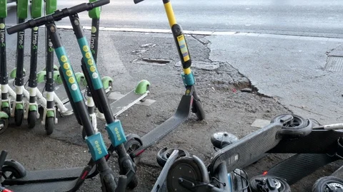 Stack of electric scooters Video stock 115509903