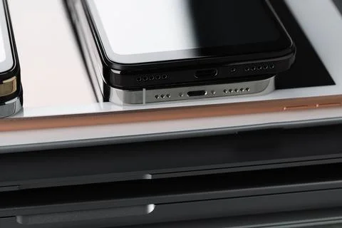 Stack of electronic devices as background, closeup Foto stock