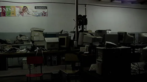 Stack of Electronics Computer Waste in Dark Room, Discarded Electronics. Video stock 221732034