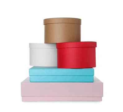 Stack of elegant gift boxes on white background 스톡 사진