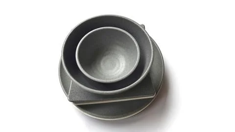 Stack of empty circle grey bowls with ceramic melamin Stock Photos