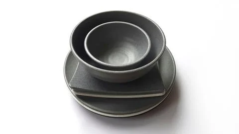 Stack of empty circle grey bowls with ceramic melamin Stock Photos