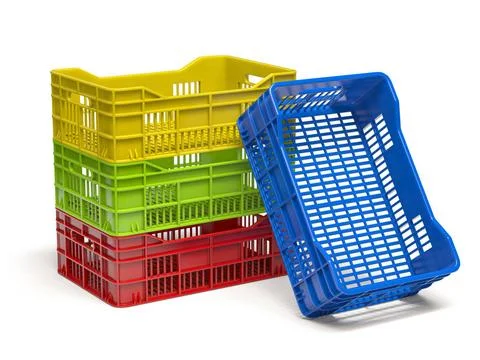 Stack of empty plastic crate or box for fruits and vegetables isolated on ... 스톡 사진