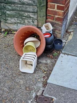 Stack of Empty Plastic Plant Pots Outdoors Stock Photos