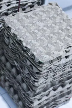 Stack of empty recycled paper egg trays in a commercial storage area Stock Photos