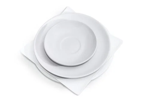 Stack of empty white dishes different shapes and sizes Stockfoto's