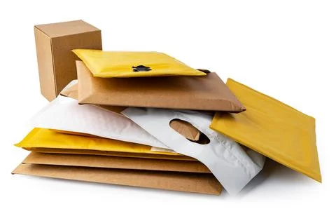 Stack of envelopes on white background Foto stock