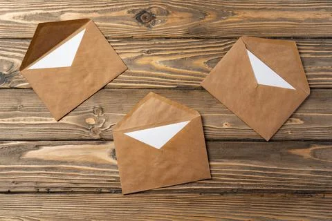 Stack of envelopes on working desk top view. Business mail 写真素材