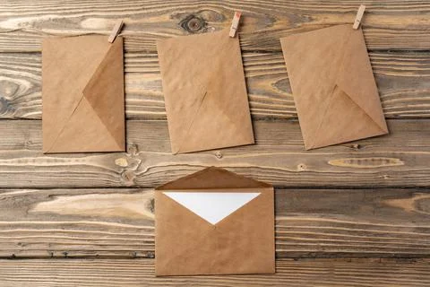 Stack of envelopes on working desk top view. Business mail Foto stock