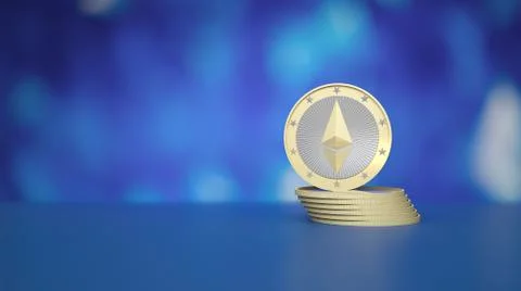 Stack of Ethereum coins on blue background to illustrate blockchain and cyber Stock Illustration