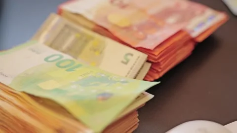 Stack of euro banknotes on office table illustrating financial wealth and b.. Stock Footage 337752035