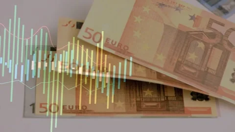 Stack of euro banknotes shifting right after colored equalizer bars rising from Stock Footage 329454436