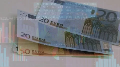 Stack of euros shifting on overlay start, 50€ sliding in while charts animating Stock Footage 329454496