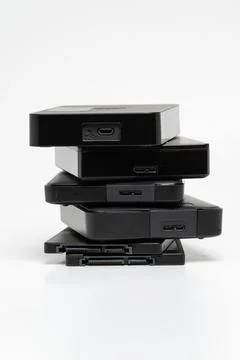Stack of external USB hard drives Foto stock
