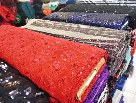 Stack of Fabric Rolls in market Foto stock