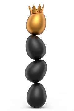 Stack of farm black chicken eggs and unique gold egg in royal king crown Stock Illustration