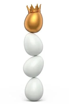 Stack of farm white chicken eggs and unique gold egg in royal king crown Stockillustratie