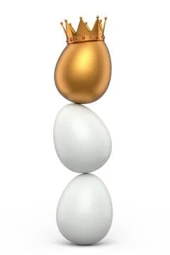 Stack of farm white chicken eggs and unique gold egg in royal king crown Stockillustratie