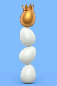 Stack of farm white chicken eggs and unique gold egg in royal king crown Stockillustratie
