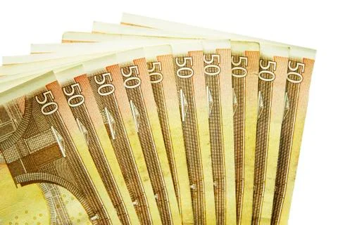 Stack of fifty euro banknotes isolated on the white background Stock Photos