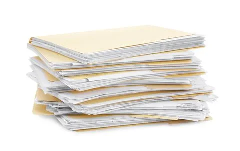 Stack of file folders with papers isolated on white Stock Photos