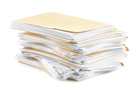 Stack of file folders with papers isolated on white Stock Photos