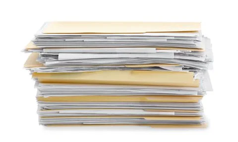 Stack of file folders with papers isolated on white Stock Photos