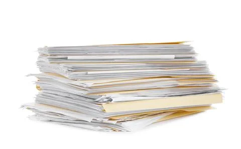 Stack of file folders with papers isolated on white Stock Photos