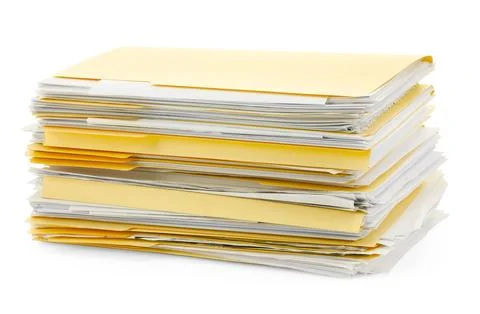 Stack of file folders with papers isolated on white Stock Photos
