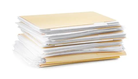 Stack of file folders with papers isolated on white Stock Photos