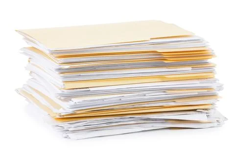 Stack of file folders with papers isolated on white Stock Photos