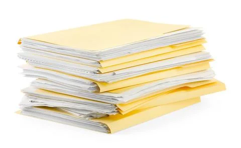 Stack of file folders with papers isolated on white Stock Photos