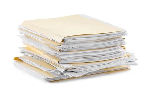 Stack of file folders with papers isolated on white Stock Photos