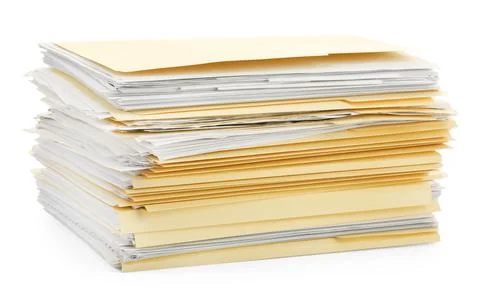 Stack of file folders with papers isolated on white Stock Photos