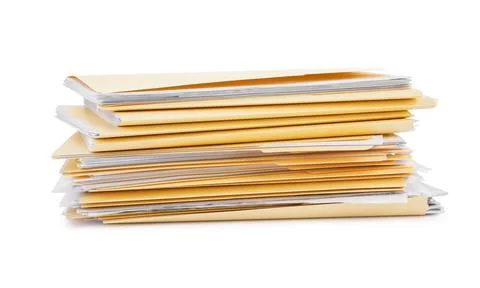 Stack of file folders with papers isolated on white Stock Photos