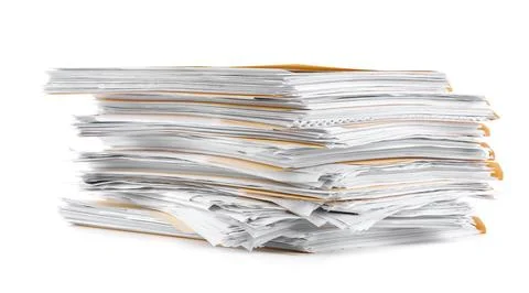 Stack of file folders with papers isolated on white Stock Photos