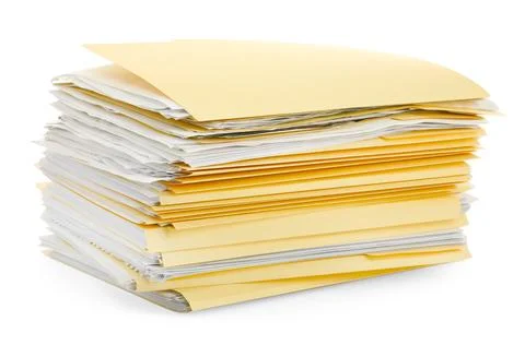 Stack of file folders with papers isolated on white Stock Photos
