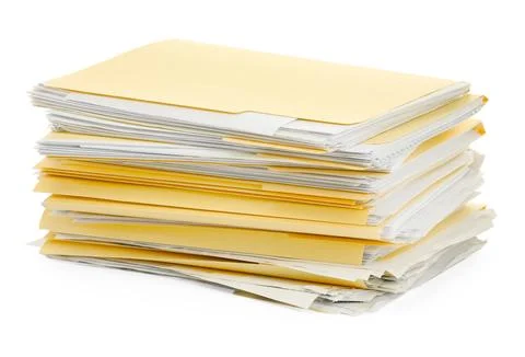 Stack of file folders with papers isolated on white Stock Photos