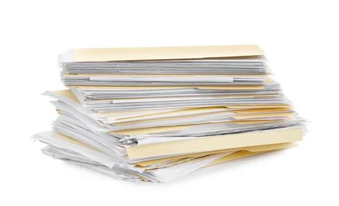 Stack of file folders with papers isolated on white Stock Photos