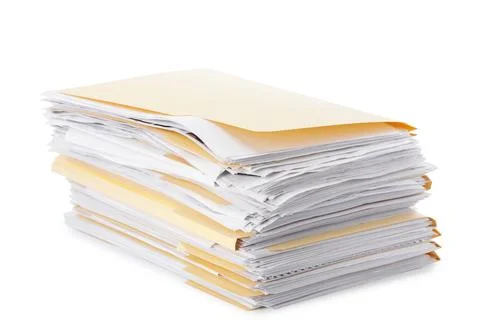 Stack of file folders with papers isolated on white Stock Photos