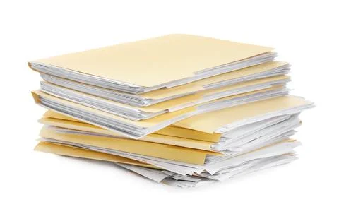 Stack of file folders with papers isolated on white Stock Photos