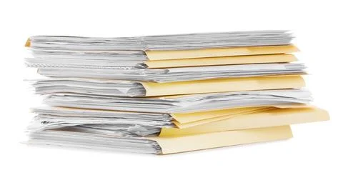 Stack of file folders with papers isolated on white Stock Photos