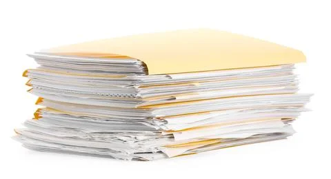 Stack of file folders with papers isolated on white Stock Photos