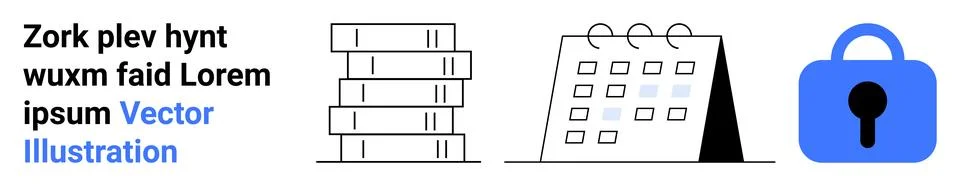 Stack of files, calendar with dates, and padlock symbol. Placeholder text bes Stock Illustration